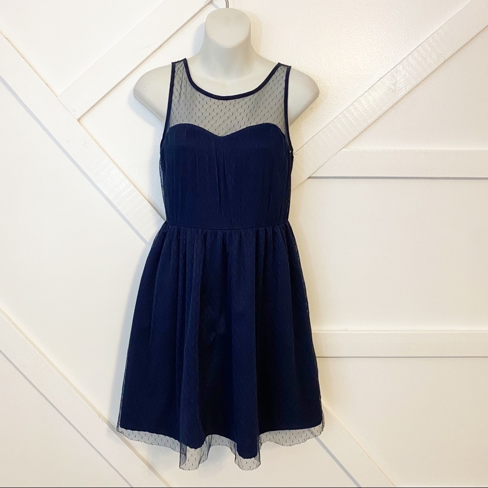 L’agence Fit And Flare Sheer Tulle Overlay Swiss Dot Mini Dress Navy Blue Sz XS